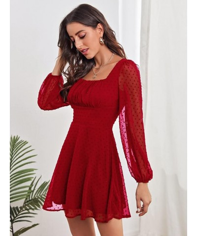 Women's Polka Swiss Dots Mesh Square Neck Lantern Bishop Sleeve Chiffon Dress Red Solid $24.44 Dresses