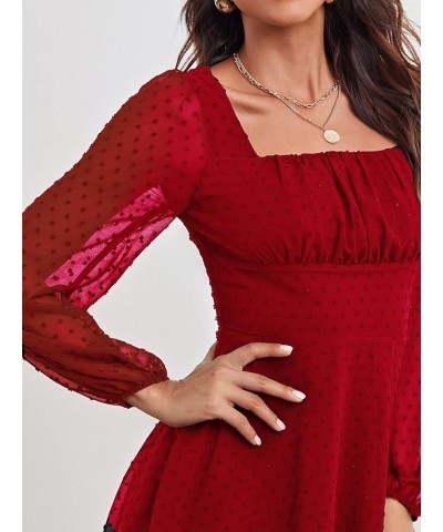 Women's Polka Swiss Dots Mesh Square Neck Lantern Bishop Sleeve Chiffon Dress Red Solid $24.44 Dresses