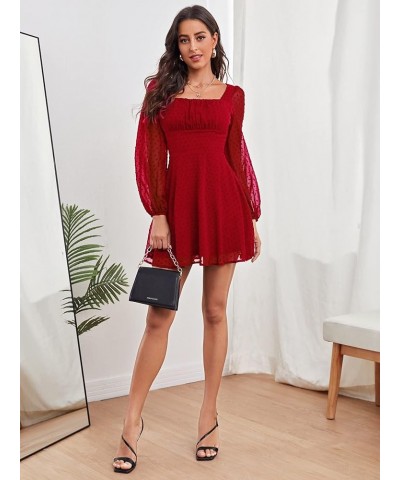 Women's Polka Swiss Dots Mesh Square Neck Lantern Bishop Sleeve Chiffon Dress Red Solid $24.44 Dresses