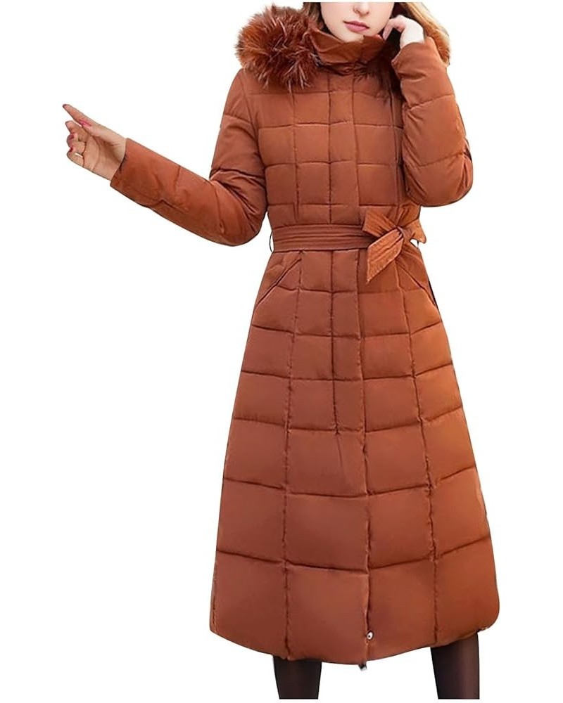 Women Long Quilted Coat Maxi Length Long Sleeve Puffer Jacket Solid Hooded Padded Coats Thick Warm Winter Outerwear 08-brown ...