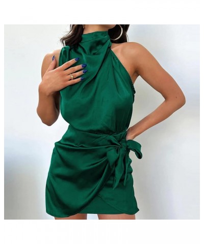 Women's Satin Mock Neck Maxi Dress Sleeveless Elegant Elastic High Waist Formal Wedding Cocktail Prom Party Dresses Green Min...