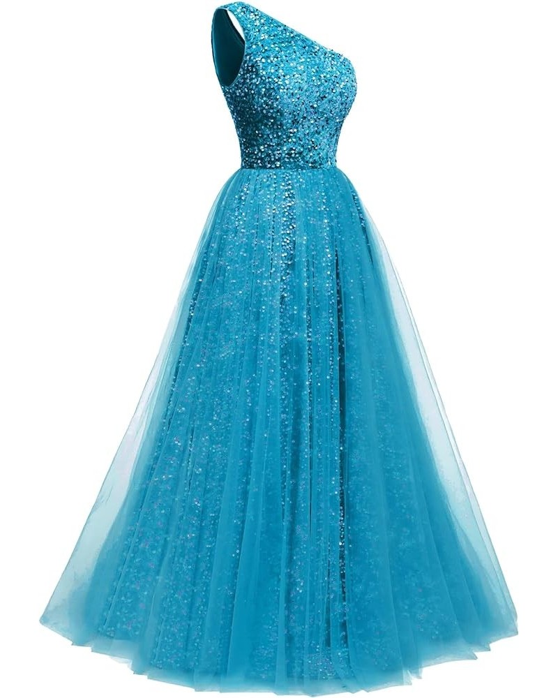 One Shoulder Sequins Prom Dresses 2024 Long A-Line Tulle Sparkly Formal Evening Dresses Ball Gowns for Women Ocean Blue $36.1...