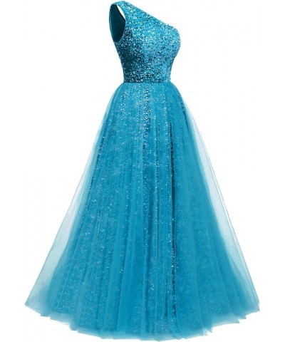 One Shoulder Sequins Prom Dresses 2024 Long A-Line Tulle Sparkly Formal Evening Dresses Ball Gowns for Women Ocean Blue $36.1...