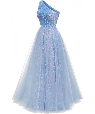 One Shoulder Sequins Prom Dresses 2024 Long A-Line Tulle Sparkly Formal Evening Dresses Ball Gowns for Women Ocean Blue $36.1...