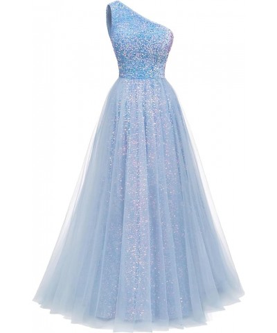 One Shoulder Sequins Prom Dresses 2024 Long A-Line Tulle Sparkly Formal Evening Dresses Ball Gowns for Women Ocean Blue $36.1...