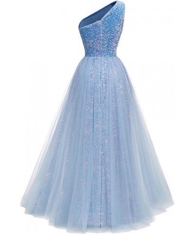 One Shoulder Sequins Prom Dresses 2024 Long A-Line Tulle Sparkly Formal Evening Dresses Ball Gowns for Women Ocean Blue $36.1...