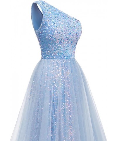 One Shoulder Sequins Prom Dresses 2024 Long A-Line Tulle Sparkly Formal Evening Dresses Ball Gowns for Women Ocean Blue $36.1...