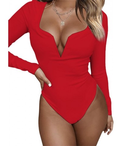 Deep V Long Sleeve Bodysuit for Women Sexy Low Cut Body Suits Tops Bodycon Shirt Red $8.84 Bodysuits