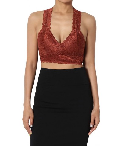 Women's Paded Racerback Floral Lace Bralette Layering Bra Crop Tank Top Dark Rust Removable Pad $9.76 Lingerie