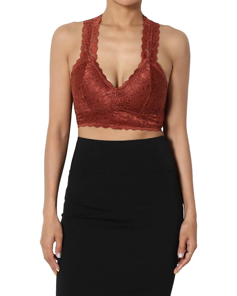 Women's Paded Racerback Floral Lace Bralette Layering Bra Crop Tank Top Dark Rust Removable Pad $9.76 Lingerie