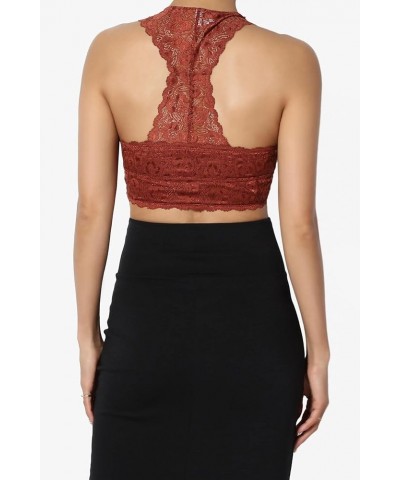 Women's Paded Racerback Floral Lace Bralette Layering Bra Crop Tank Top Dark Rust Removable Pad $9.76 Lingerie