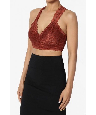 Women's Paded Racerback Floral Lace Bralette Layering Bra Crop Tank Top Dark Rust Removable Pad $9.76 Lingerie