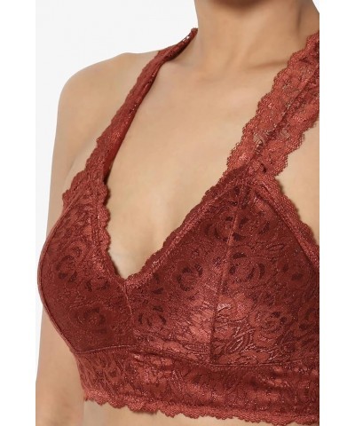 Women's Paded Racerback Floral Lace Bralette Layering Bra Crop Tank Top Dark Rust Removable Pad $9.76 Lingerie