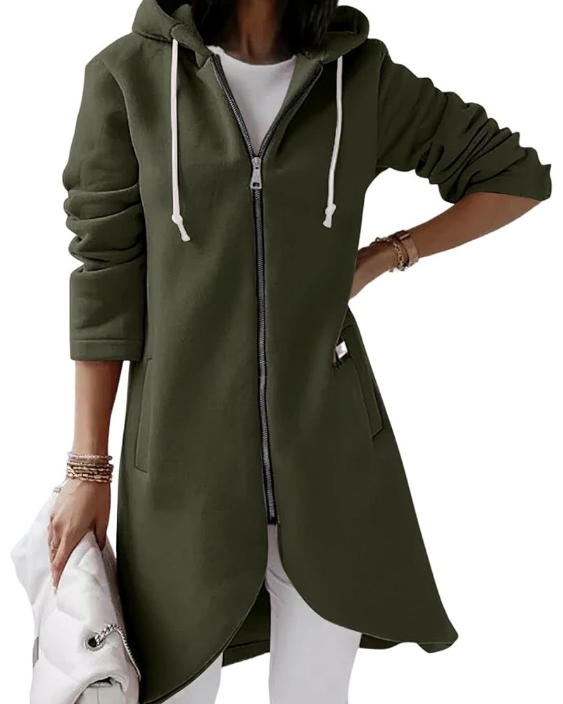 Women's Long Hoodies Tunic Winter Fleece Jackets Plain Curved Hem Casual Sweatshirt Zip Up Hoodies Coat with Pockets Army Gre...