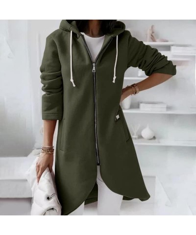 Women's Long Hoodies Tunic Winter Fleece Jackets Plain Curved Hem Casual Sweatshirt Zip Up Hoodies Coat with Pockets Army Gre...