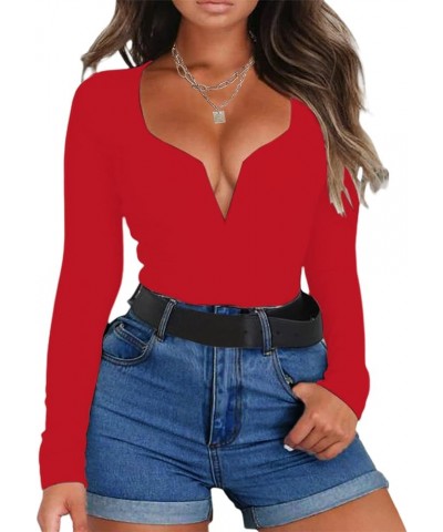 Deep V Long Sleeve Bodysuit for Women Sexy Low Cut Body Suits Tops Bodycon Shirt Red $8.84 Bodysuits