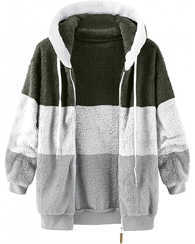 Winter Coats for Women Fluffy Sherpa Outerwear Oversized Fuzzy Fleece Jacket Fall Hooded Colorblock Long Sleeved Coat 1-army ...