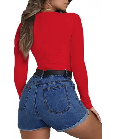 Deep V Long Sleeve Bodysuit for Women Sexy Low Cut Body Suits Tops Bodycon Shirt Red $8.84 Bodysuits