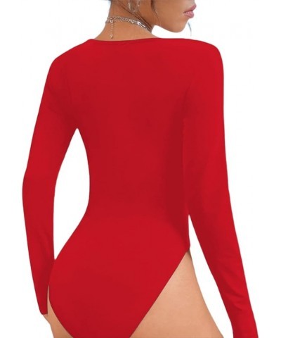 Deep V Long Sleeve Bodysuit for Women Sexy Low Cut Body Suits Tops Bodycon Shirt Red $8.84 Bodysuits