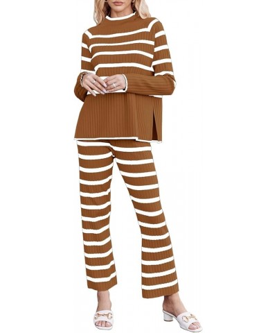 Women's 2 piece outfits Oversized Striped Knit Lounge Sets Cozy Pullover Tops Wide Leg Pants Sweatsuit Brown $11.04 Activewear