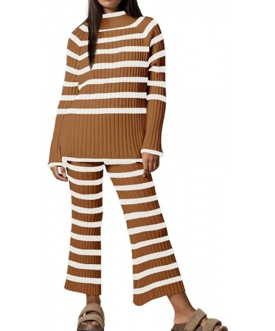 Women's 2 piece outfits Oversized Striped Knit Lounge Sets Cozy Pullover Tops Wide Leg Pants Sweatsuit Brown $11.04 Activewear