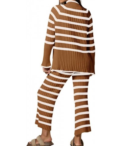 Women's 2 piece outfits Oversized Striped Knit Lounge Sets Cozy Pullover Tops Wide Leg Pants Sweatsuit Brown $11.04 Activewear