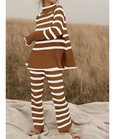 Women's 2 piece outfits Oversized Striped Knit Lounge Sets Cozy Pullover Tops Wide Leg Pants Sweatsuit Brown $11.04 Activewear