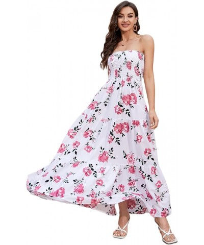 Women's Strapless Maxi Dress Floral Off Shoulder Tube Top Casual Beach Party Long Dress White-pink $14.49 Dresses