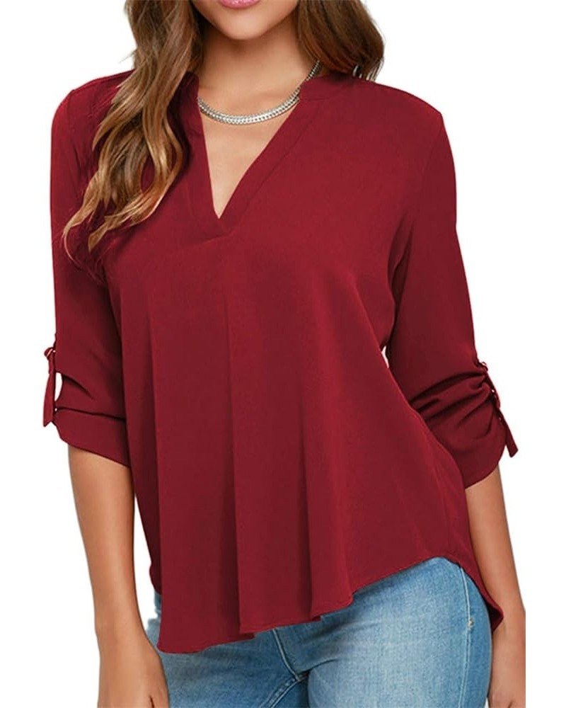 Womens Long Cuffed Sleeve Notch V Neck Chiffon Solid Color Tops Blouse Burgundy $12.47 Tops