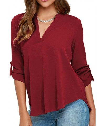 Womens Long Cuffed Sleeve Notch V Neck Chiffon Solid Color Tops Blouse Burgundy $12.47 Tops