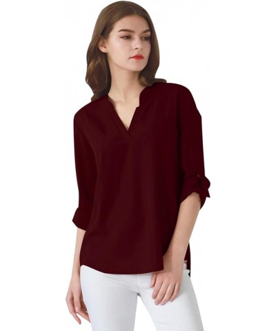 Womens Long Cuffed Sleeve Notch V Neck Chiffon Solid Color Tops Blouse Burgundy $12.47 Tops