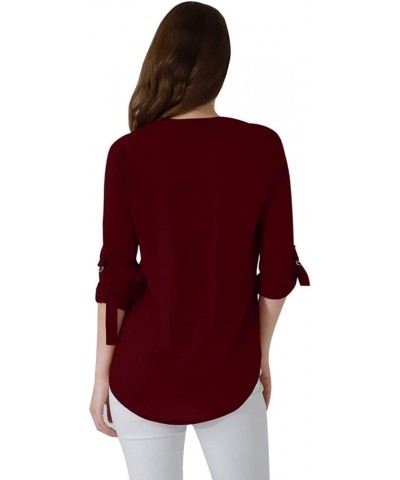 Womens Long Cuffed Sleeve Notch V Neck Chiffon Solid Color Tops Blouse Burgundy $12.47 Tops