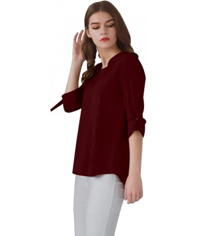 Womens Long Cuffed Sleeve Notch V Neck Chiffon Solid Color Tops Blouse Burgundy $12.47 Tops