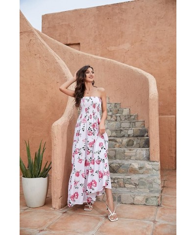 Women's Strapless Maxi Dress Floral Off Shoulder Tube Top Casual Beach Party Long Dress White-pink $14.49 Dresses