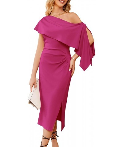 2023 One Shoulder Split Formal Dress for Women Ruffled Sleeve Midi Dress Rose Red $24.47 Dresses