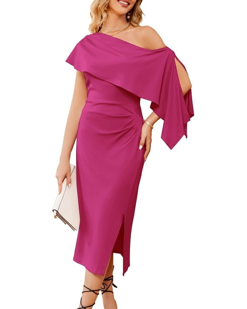 2023 One Shoulder Split Formal Dress for Women Ruffled Sleeve Midi Dress Rose Red $24.47 Dresses