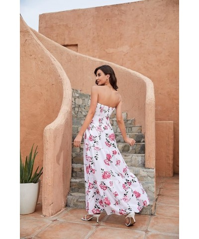 Women's Strapless Maxi Dress Floral Off Shoulder Tube Top Casual Beach Party Long Dress White-pink $14.49 Dresses