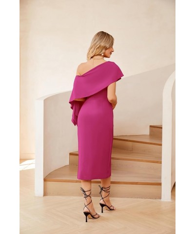 2023 One Shoulder Split Formal Dress for Women Ruffled Sleeve Midi Dress Rose Red $24.47 Dresses