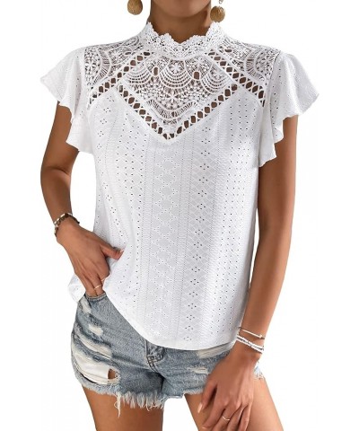 Women's Elegnat Lace Short Sleeve Mock Neck Slim Fit Blouse Work Casual Shirt Tops White $13.19 Blouses