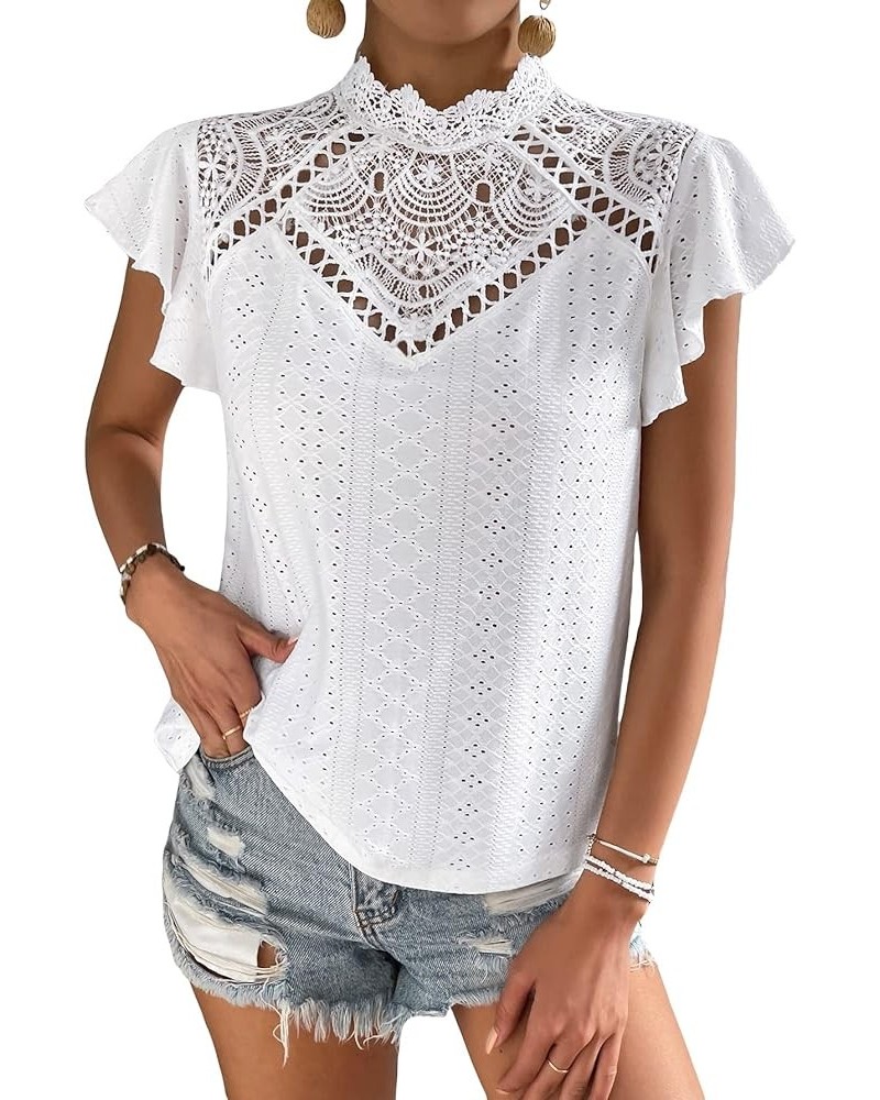 Women's Elegnat Lace Short Sleeve Mock Neck Slim Fit Blouse Work Casual Shirt Tops White $13.19 Blouses