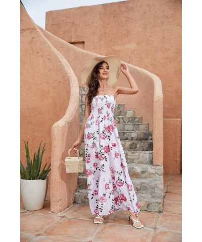 Women's Strapless Maxi Dress Floral Off Shoulder Tube Top Casual Beach Party Long Dress White-pink $14.49 Dresses