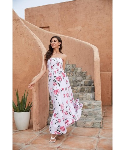 Women's Strapless Maxi Dress Floral Off Shoulder Tube Top Casual Beach Party Long Dress White-pink $14.49 Dresses