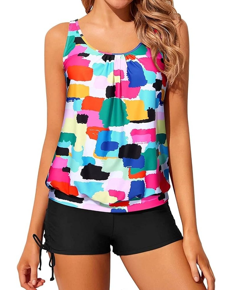 Blouson Tankini Swimsuits for Women 2 Piece Bathing Suits Tops with Boyshorts Modest Loose Fit Swimwear Color Block $23.59 Sw...