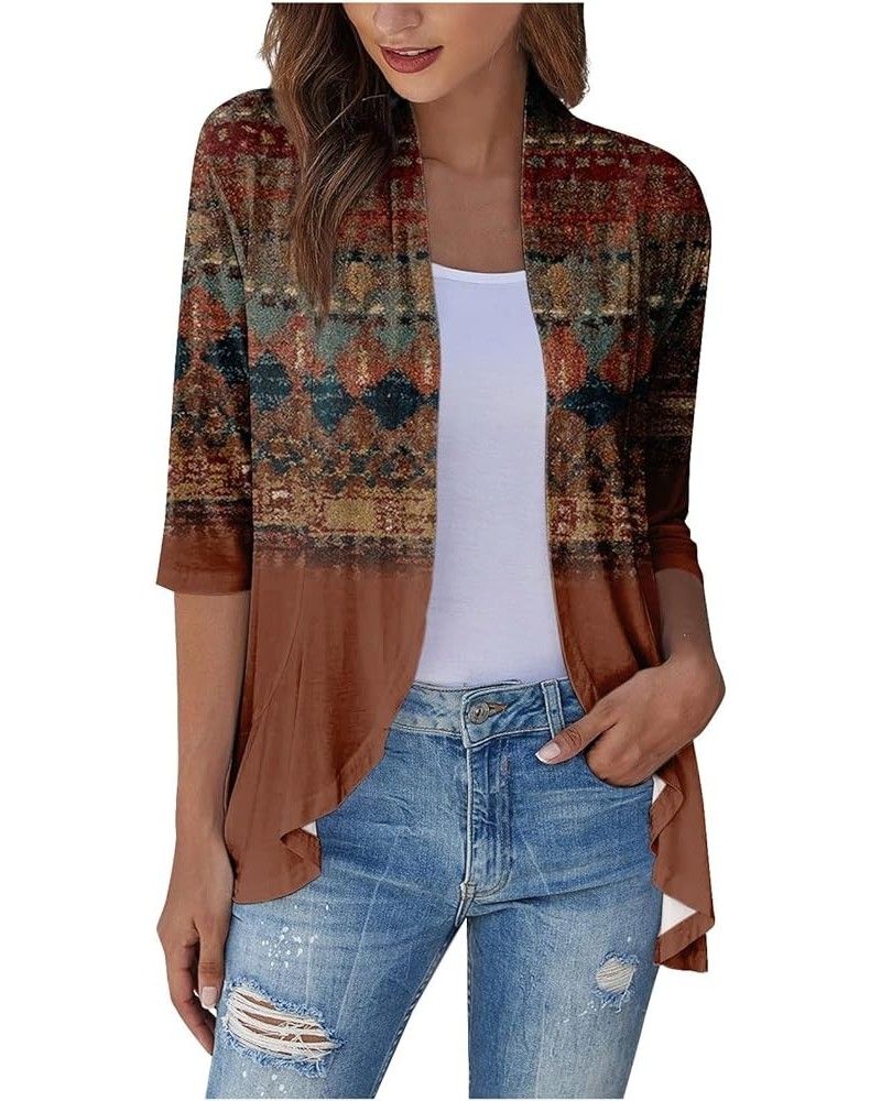 Long Sleeve Kimono for Women Lightweight 3/4 Sleeve Cardigans Retro Print Jackets Casual Duster Blouse Tops Coat 5-brown $8.3...