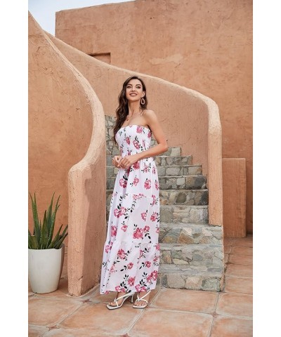 Women's Strapless Maxi Dress Floral Off Shoulder Tube Top Casual Beach Party Long Dress White-pink $14.49 Dresses