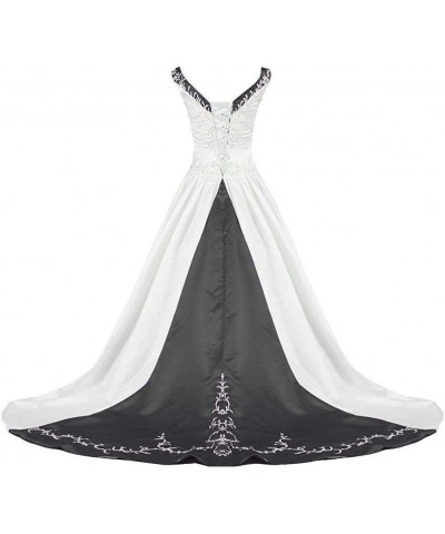 Women's V-Neckline Satin Embroidery Wedding Dress Bridal Gowns Ivory & Black $61.25 Dresses