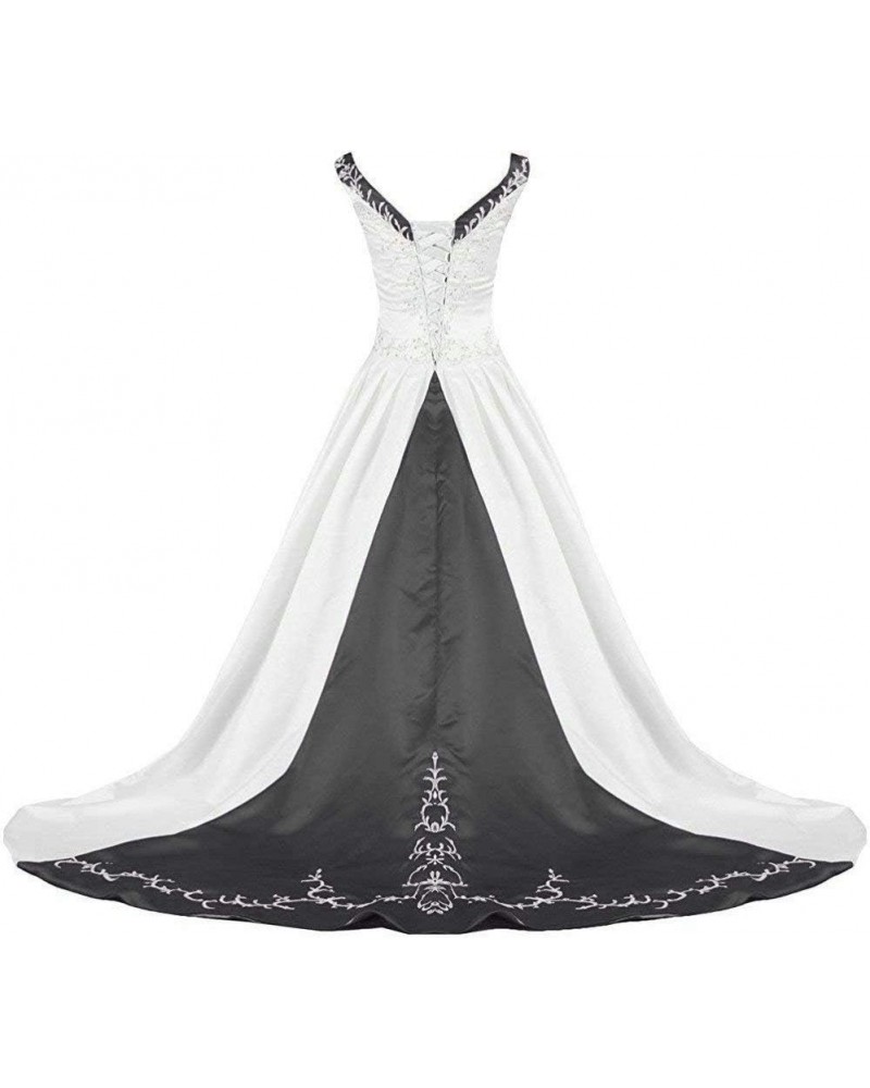 Women's V-Neckline Satin Embroidery Wedding Dress Bridal Gowns Ivory & Black $61.25 Dresses