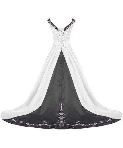 Women's V-Neckline Satin Embroidery Wedding Dress Bridal Gowns Ivory & Black $61.25 Dresses