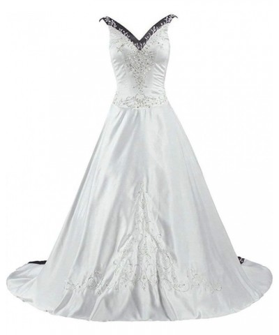 Women's V-Neckline Satin Embroidery Wedding Dress Bridal Gowns Ivory & Black $61.25 Dresses