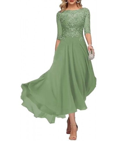 Laces Mother of Bride Dress Tea Length Mother of The Groom Dress with Sleeves Women Beaded Formal Evening Gowns Sage Green $3...